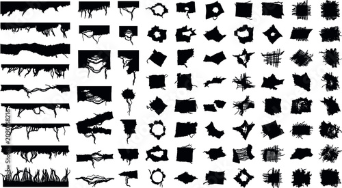 Canvastavla Collection of torn fabric silhouettes ripped cloth edges frayed burlap textures and hole damage effects isolated on white background vector elements
