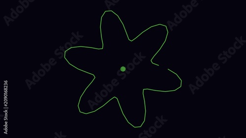 A stylized, hand-drawn-like six-pointed star shape with a central green dot, set against a deep black background with a subtle glow effect.