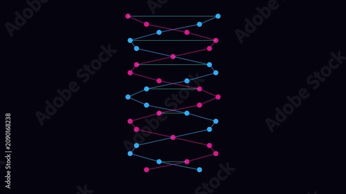 A colorful, abstract representation of a DNA double helix structure composed of interconnected pink and blue dots against a dark background.