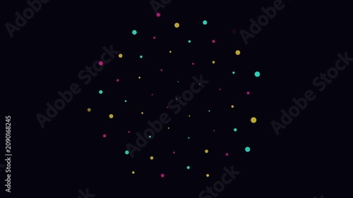 A vibrant and colorful abstract pattern composed of scattered dots in yellow, pink, and teal against a dark, mysterious background.
