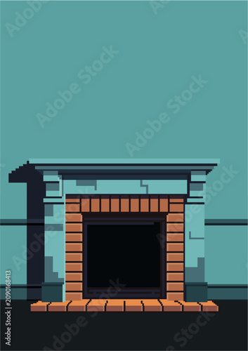 Pixel art illustration of a cozy brick fireplace with a detailed mantel, set against a teal wall background.