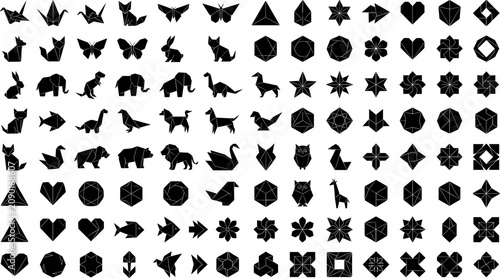 Collection of black origami animal silhouettes geometric paper folding icons and abstract polygon shapes isolated on white background vector elements.