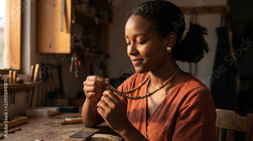 African woman making handmade jewelry - Black woman creating jewelry in workshop with natural light  