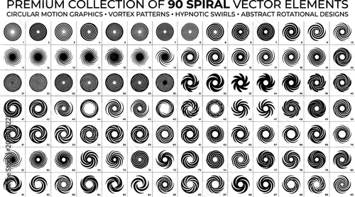 фотографія Premium collection of ninety spiral vector elements circular motion graphics hypnotic swirls and abstract rotational vortex patterns isolated on white background