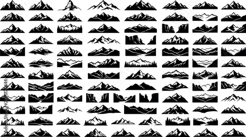 Quadro su tela Comprehensive mega bundle of mountain silhouettes outdoor adventure landscape graphics and wild nature icons isolated on white background vector templates