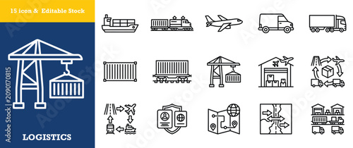 Global transportation and freight shipping line icon set for international cargo logistics.