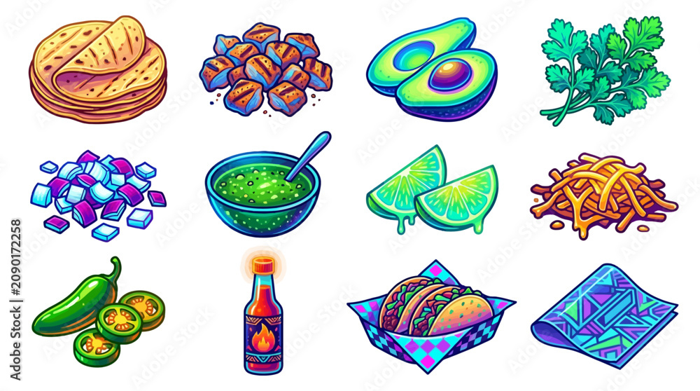 Obraz premium Colorful Mexican Food Illustrations including tacos, guacamole, jalapenos, cilantro, salsa, and tortilla chips for vibrant culinary presentation and digital art projects