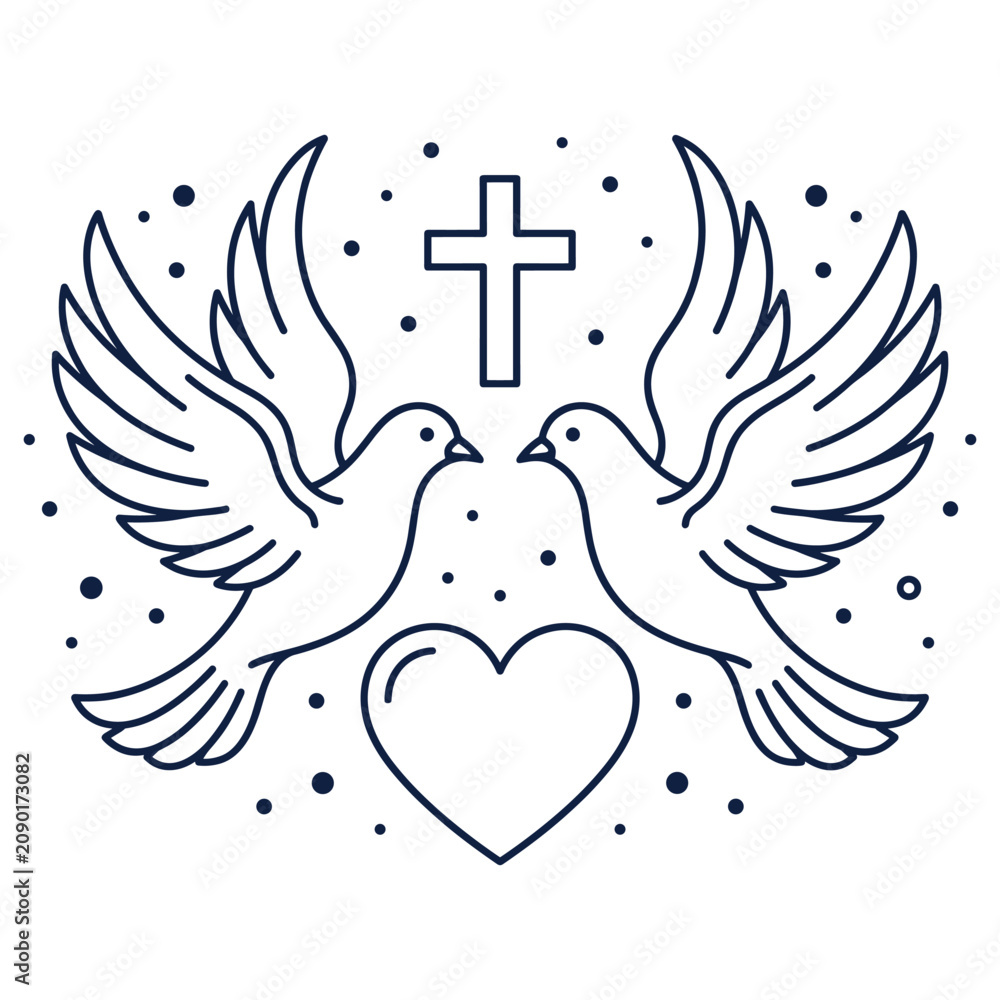 Fototapeta premium Christian wedding design with two doves a cross and heart.