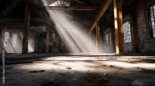 Sunlight streams through the dusty windows of an abandoned industrial building, casting dramatic rays on the floor. The old wooden beams and decaying walls evoke a sense of history and neglect