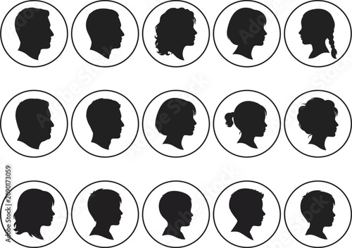 Foto Round profile avatar icon library, side view, people silhouette symbols for stak
