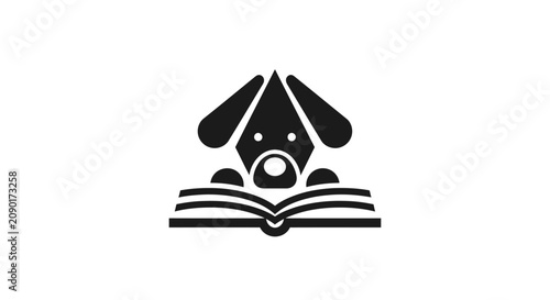 Cuadro en lienzo Minimalist dog head mascot logo peeking over open book.