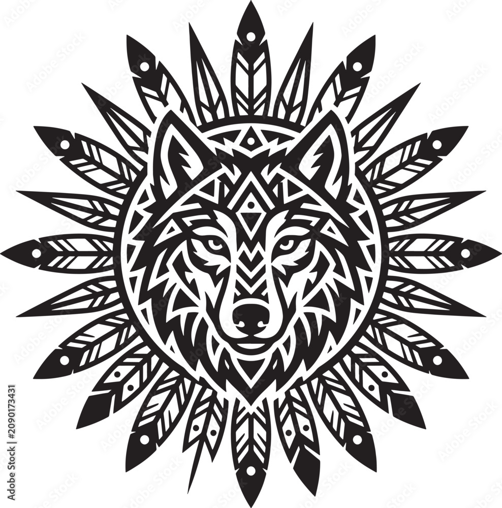 Fototapeta premium Tribal wolf head silhouette inside a circular frame decorated with feathers in a black and white tattoo style
