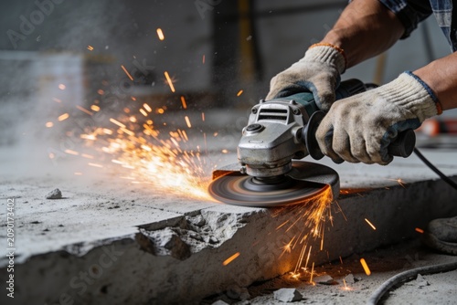 A close-up shot of a person using an angle grinder to cut through a solid concrete slab with sparks.