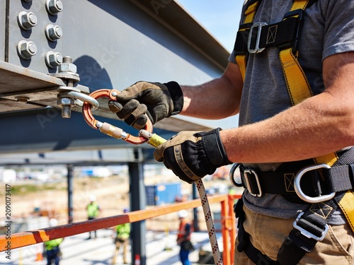 A construction worker in a safety harness attaches a carabiner to a secure steel beam on a site.