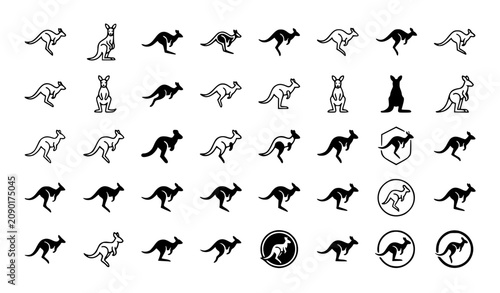Foto Jumping Kangaroo Icon Set Australian Marsupial Solid and Outline Vector Collecti