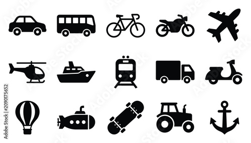 Transportation vehicle vector icon set with car, bus, bicycle, motorcycle, airplane, helicopter, boat, train, truck, scooter, hot air balloon, submarine, satellite, tractor and anchor silhouettes