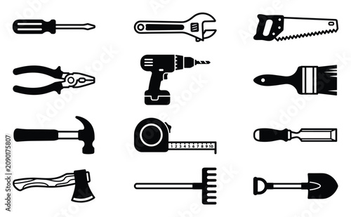 Hand tools vector icon set with screwdriver, wrench, pliers, power drill,hammer, tape measure,paint brush,axe,rake and shovel black silhouette collectio1n for construction, repair and workshop design 
