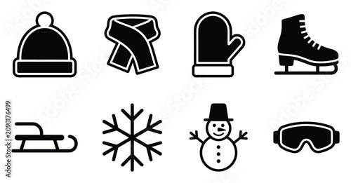Winter season vector icon set with knit hat,scarf, mitten,ice skate, sled,snowflake, snowman and ski goggles black silhouette collection for holiday graphics,cold weather branding and seasonal design 