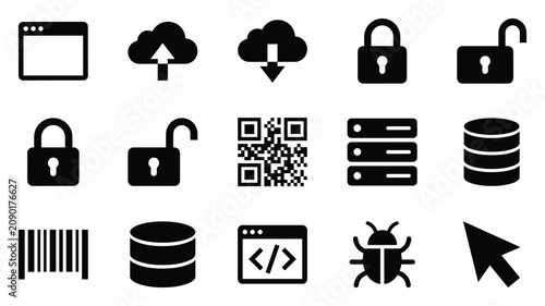 Cyber security and data storage vector icon set with browser window,cloud upload, cloud download, locked and unlocked padlocks,QR code,server rack, database, barcode, code window,bug and cursor sign 