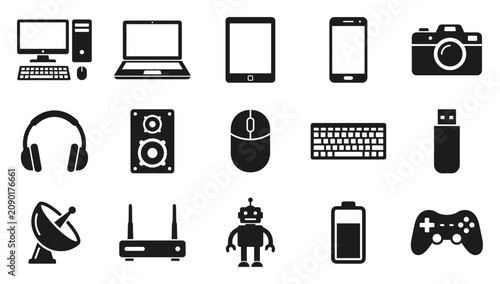 Electronics and gadgets vector icon set with desktop computer, laptop, tablet, smartphone, camera, headphones, speaker, mouse, keyboard, USB drive, router, robot and game controller silhouettes