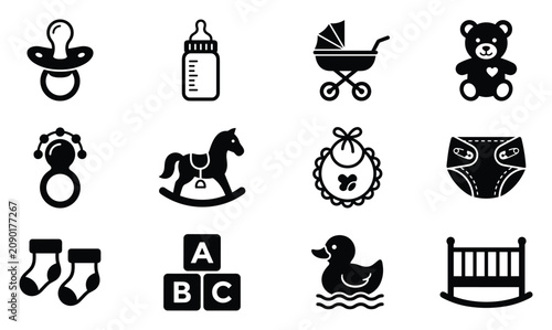 Baby essentials vector icon set with pacifier, milk bottle, stroller, teddy bear, rattle, rocking horse,bib, socks,alphabet blocks,rubber duck and crib black silhouette collection for childcare brand 