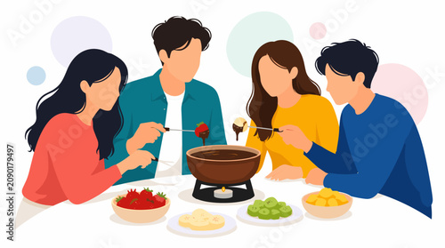 World Chocolate Day Celebration with Friends Sharing Chocolate Fondue and Fruits.