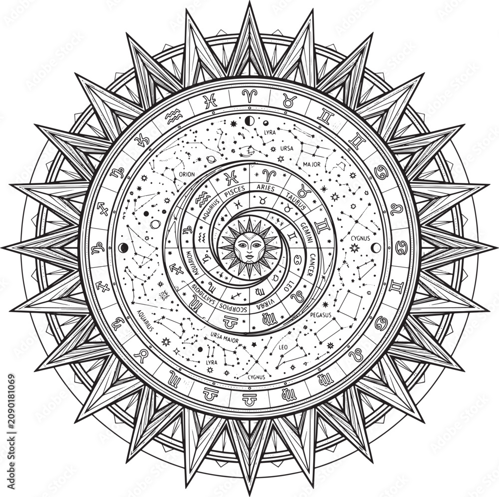 Naklejka premium Detailed astrological sun symbol with a central face, zodiac signs, constellations, and moon phases surrounded by sharp rays on white background