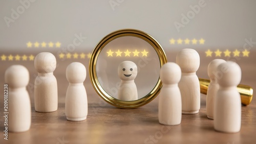 Wooden doll looking at its happy reflection in a round mirror on a wooden table