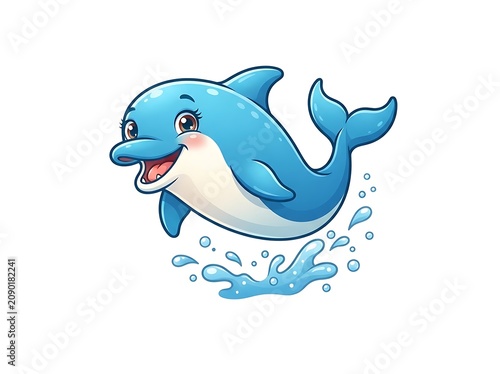 A playful dolphin jumps out of the water with a joyful expression