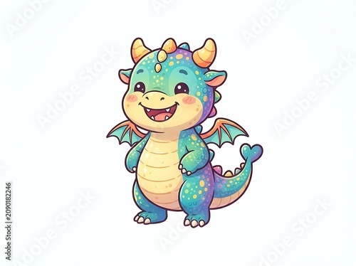 A cute cartoon dragon with colorful scales and wings smiles happily outdoors
