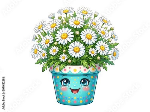 A cartoon flower pot with a smiling face holds a bouquet of white daisies with yellow centers on a plain background.