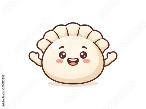 A smiling cartoon dumpling character with waving hands and rosy cheeks appears happy.