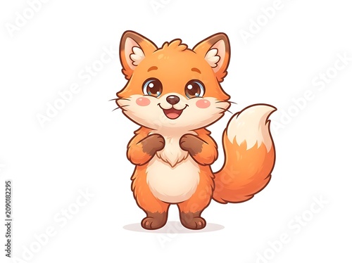 A cute cartoon fox character happily poses standing upright on two legs