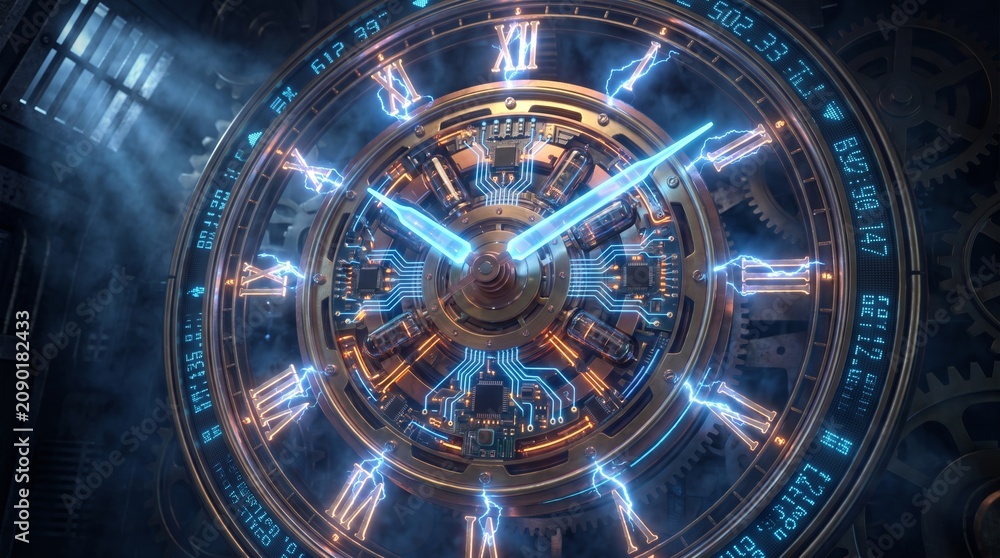 Fototapeta premium Futuristic Mechanical Clock Face with Glowing Electric Energy and Intricate Gear Detail
