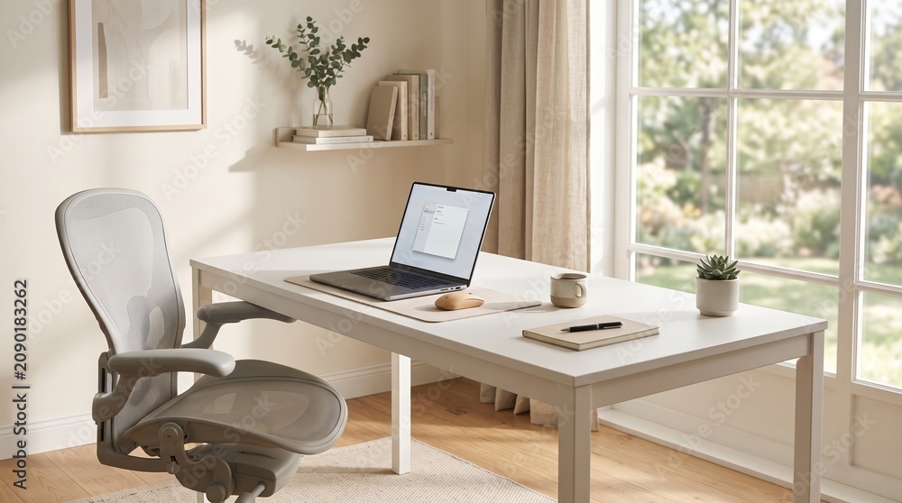 Fototapeta premium Minimalist home office setup with laptop on desk and ergonomic chair