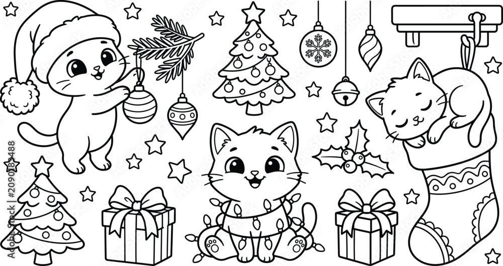 Fototapeta premium Cute Christmas kitten cartoon collection with Santa hat, gifts, ornaments, Christmas tree, stocking, and festive holiday outline vector illustration set