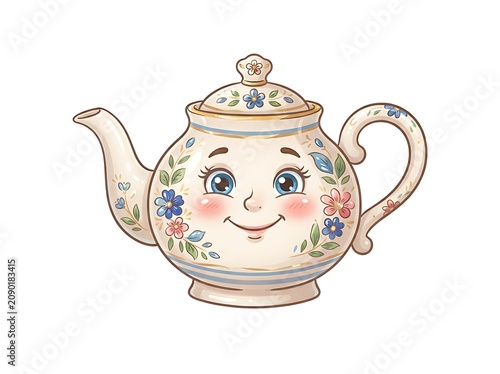 A smiling teapot with a floral design and rosy cheeks sits on a surface