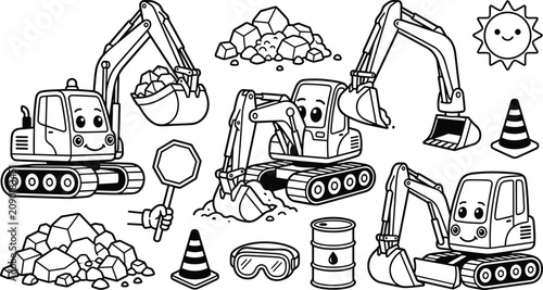 Cute cartoon excavator construction vehicle collection with digging equipment, safety tools, rocks, traffic cone, and smiling sun outline vector set