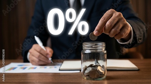 Businessman putting coin into glass jar with zero percent interest rate text floating above desk