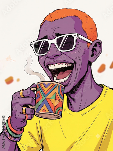 コーヒーを片手に大笑いする男性のファンキーなポップアート風イラスト