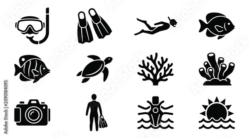Scuba diving snorkeling ocean icons set.