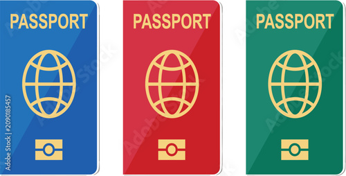 Biometric passport vector illustration set with blue red and green covers isolated on white background for international travel and citizenship concept