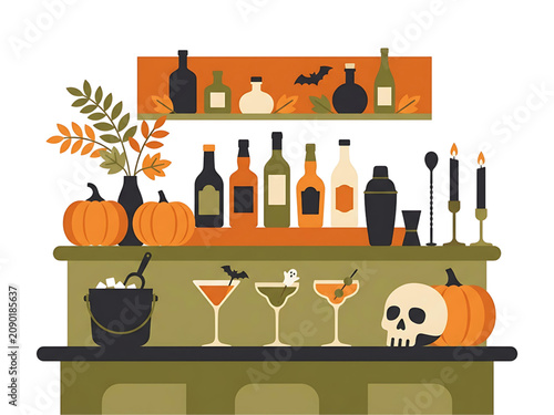 Quadro su tela Modern Halloween Home Bar | Seasonal Flat Vector Illustration