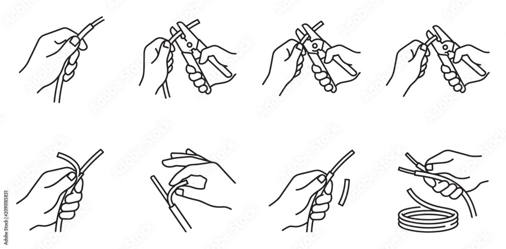 Fototapeta premium Wire stripping tool icons showing hands using pliers to remove insulation.