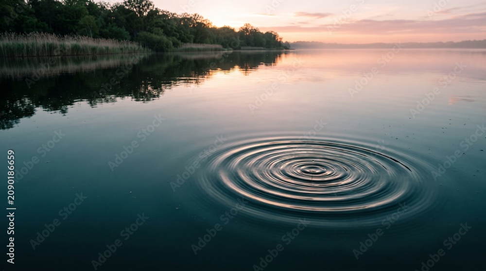 Fototapeta premium Concentric ripples on still dark teal water at dawn, calm and mindfulness background with copy space