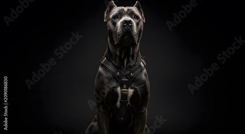 A majestic black Cane Corso dog sitting against a dark background.