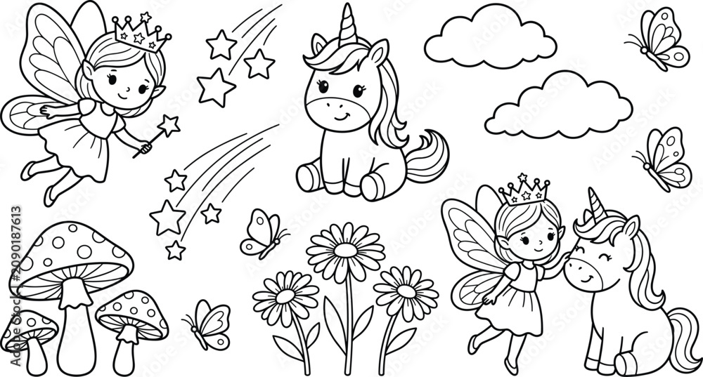 Obraz premium Cute fantasy fairy and unicorn cartoon collection with butterflies, flowers, mushrooms, clouds, shooting stars, and magical outline vector set