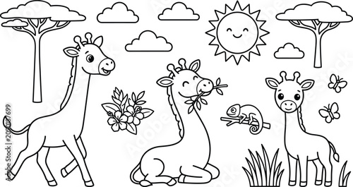 Photography Cute giraffe family safari coloring book page with African wildlife, acacia tree