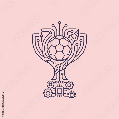 A digital soccer trophy icon with circuit board line art