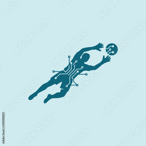A digital silhouette of a goalkeeper catching a soccer ball